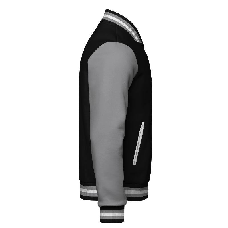 Right of Fleece Varsity Jacket (Zip) in Black and White with Light Grey sleeves and ribbing in Black, Light Grey and White