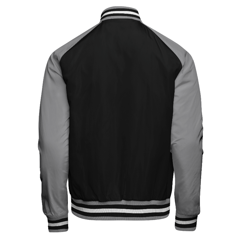 Spray proof back of Reversible Letterman Jacket  in Black with Light Gray sleeves and ribbing in Light Gray, Black and White