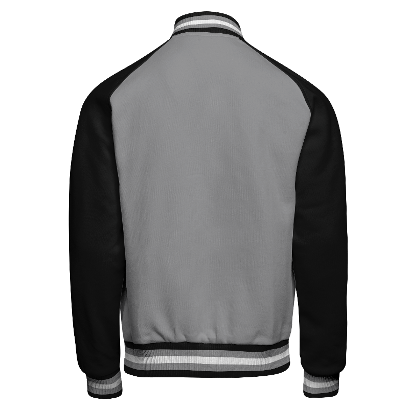 Fleece back of Reversible Letterman Jacket  in Light Gray with Black sleeves and ribbing in Black, Light Gray and White