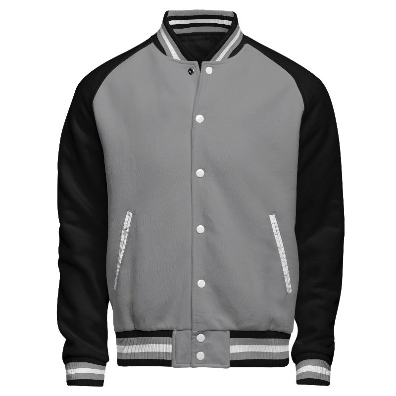 Fleece front of Reversible Letterman Jacket  in Light Gray and White with Black sleeves and ribbing in Black, Light Gray and White