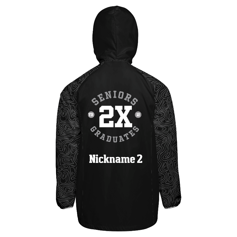 Back of Windbreaker Jacket in Black and Topographic in Black and Light Gray with White trim, Black hood and decoration on back center including a custom name for personalization