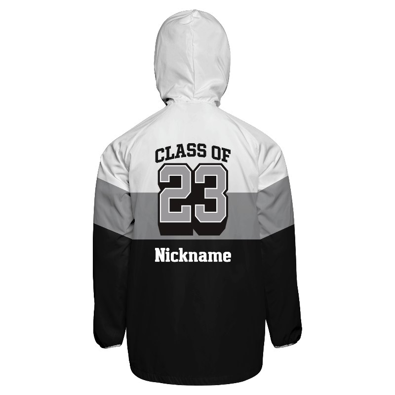 Back of Windbreaker Jacket in White with Light Gray and Black stripes and decoration on back center including a custom name for personalization
