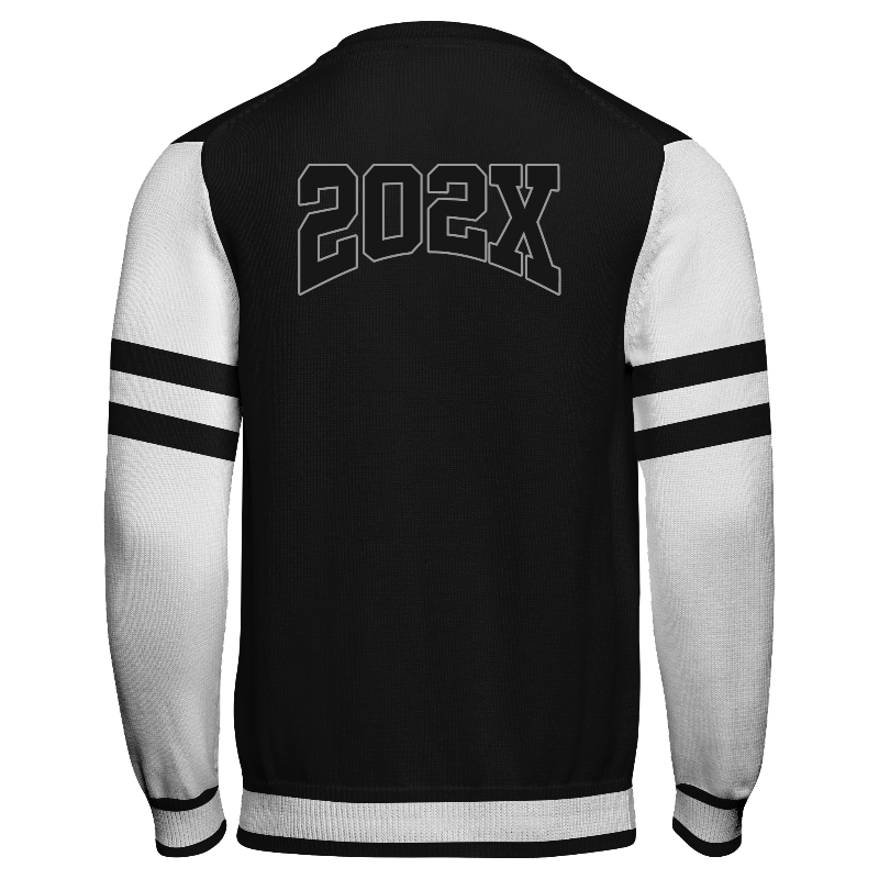 Back of Knitted Varsity Cardigan in Black with White and Black sleeves, ribbing in Black and White and decoration on back center