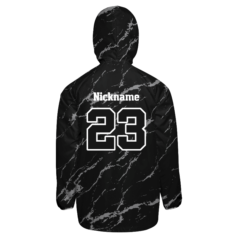Back of Windbreaker Jacket in Distressed in Black and Light Gray, Black and Light Gray with White trim, Distressed hood in Black and Light Gray and decoration on back center including a custom name for personalization