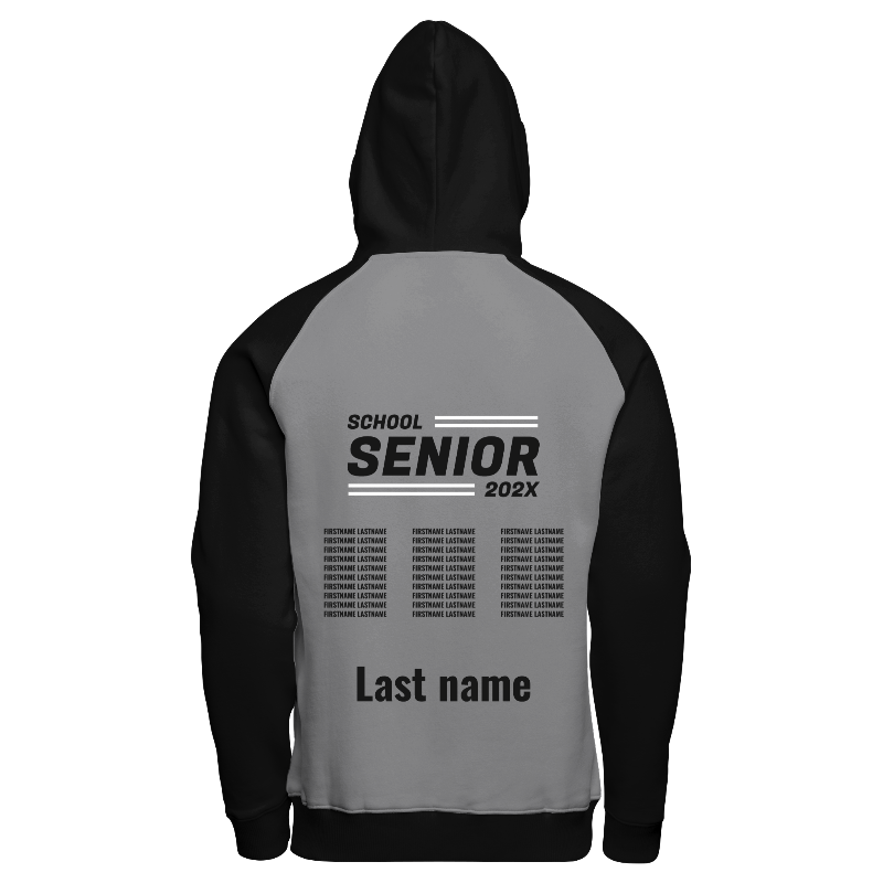 Back of Hoodie in Light Gray and Black with Black sleeves, Black hood and decoration on back center including a custom name for personalization