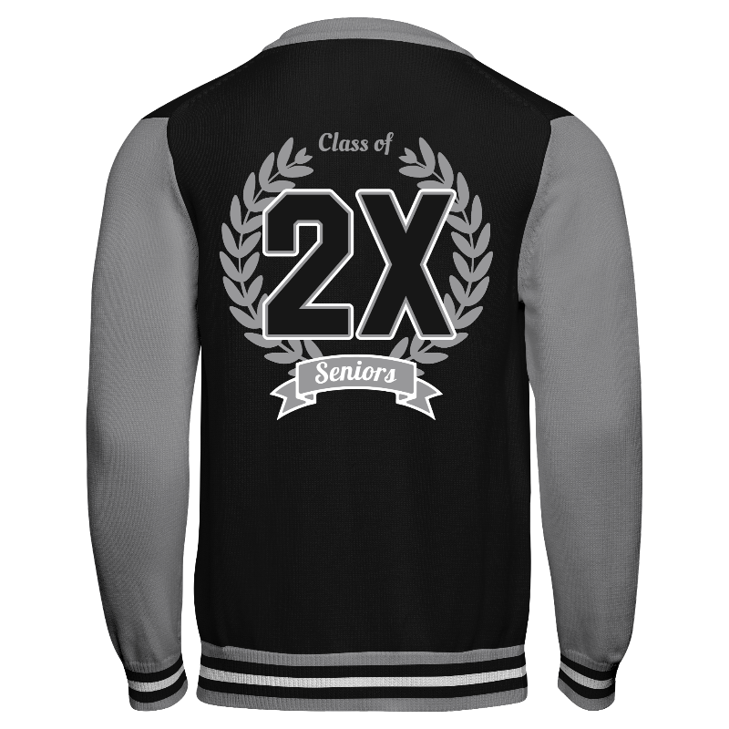 Back of Knitted Varsity Cardigan in Black and Light Grey with Light Grey and Black sleeves, ribbing in Light Grey, Black and White and decoration on back center