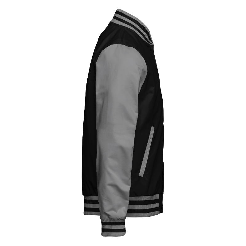 Right of Woven Letterman Jacket in Black and Light Gray with Light Gray sleeves and ribbing in Light Gray and Black