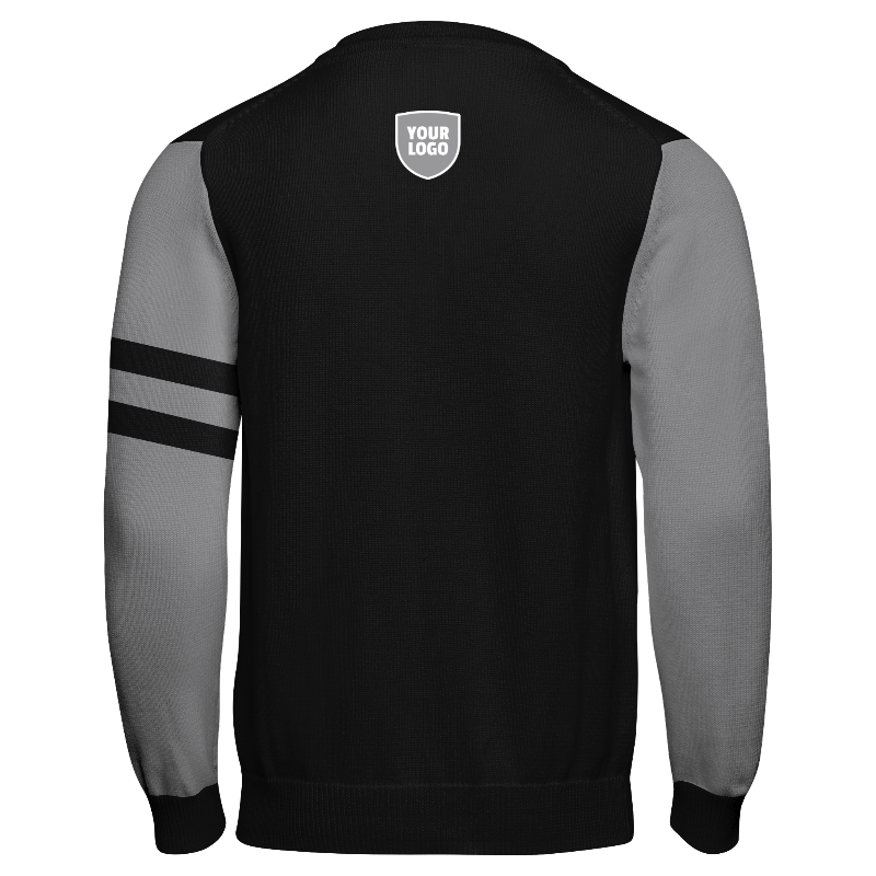 Back of Knitted Varsity Cardigan in Black with Light Grey and Black sleeves, ribbing in Black and White and decoration on back center