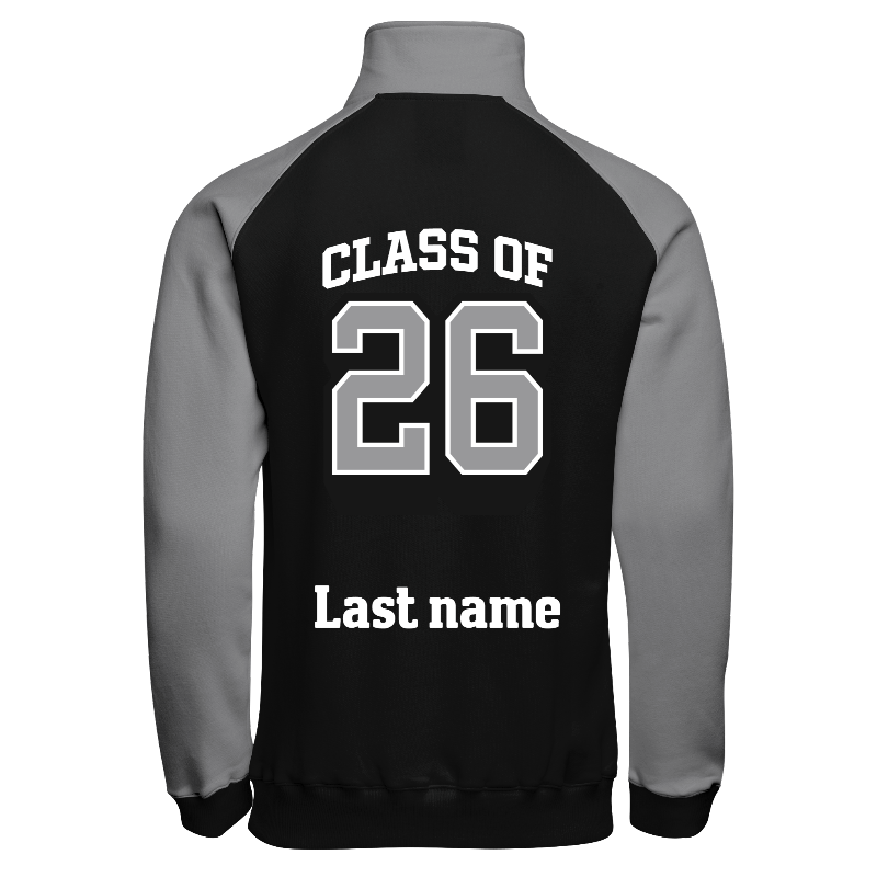 Back of Quarter-Zip Sweater in Black and Light Grey with Light Grey sleeves, ribbing in Black, Dark Grey and Light Grey and decoration on back center including a custom name for personalisation