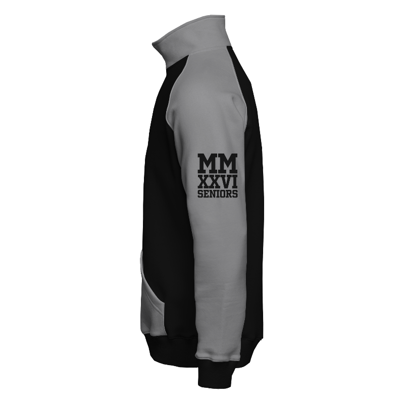 Left of Quarter-Zip Sweater in Black and Light Grey with Light Grey sleeves, ribbing in Black, Dark Grey and Light Grey and decoration on sleeve left