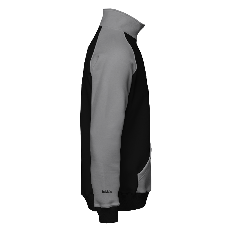 Right of Quarter-Zip Sweater in Black and Light Grey with Light Grey sleeves, ribbing in Black, Dark Grey and Light Grey and a custom name for personalisation on right cuff
