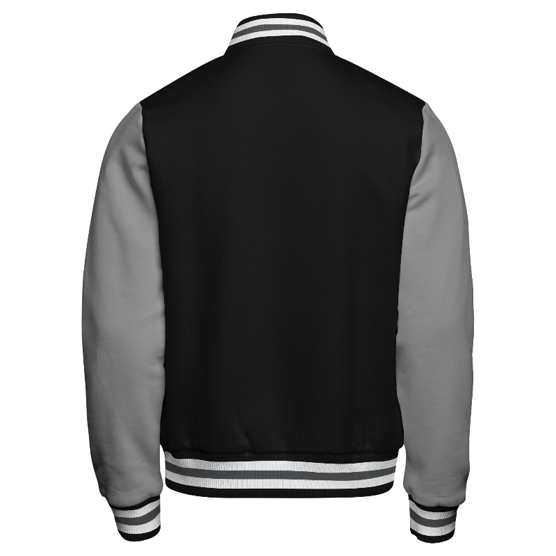 Back of Fleece Letterman Jacket (Stormfront) in Black with Light Gray sleeves and ribbing in Black, White and Dark Gray