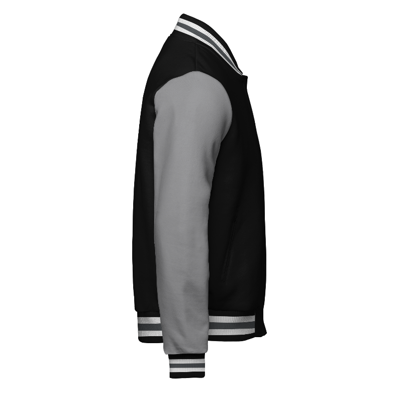 Right of Fleece Letterman Jacket (Stormfront) in Black and White with Light Gray sleeves and ribbing in Black, White and Dark Gray