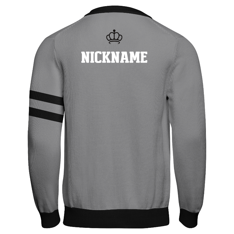 Back of Knitted Varsity Cardigan in Light Grey and Black with Light Grey and Black sleeves, ribbing in Black and White and decoration on back center including a custom name for personalisation