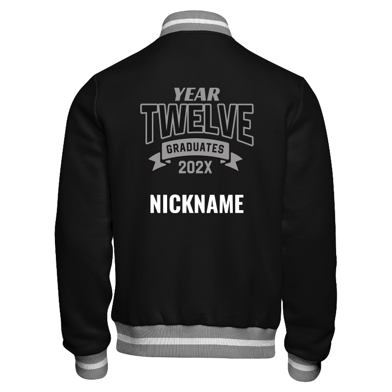 Back of Fleece Varsity Jacket in Black with ribbing in Light Grey and White and decoration on back center including a custom name for personalisation