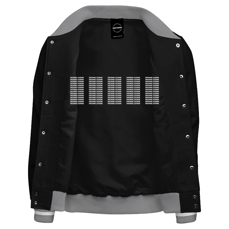 Inside lining of Fleece Varsity Jacket with Black and Light Grey lining and decoration on inside lining