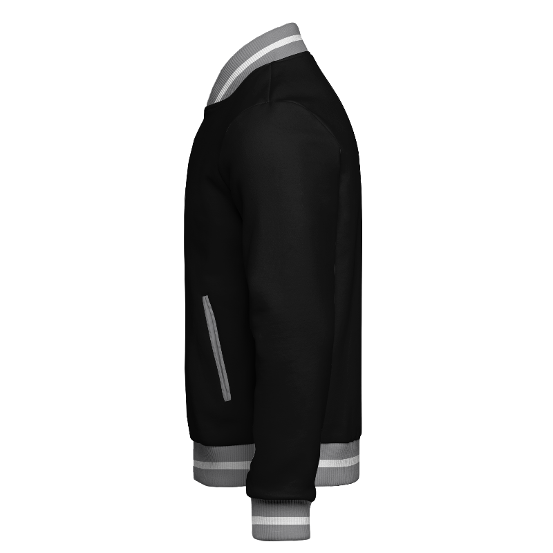 Left of Fleece Varsity Jacket in Black and Light Grey with ribbing in Light Grey and White