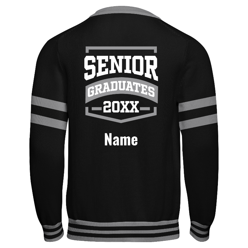 Back of Knitted Varsity Cardigan in Black and Light Grey with Black and Light Grey sleeves, ribbing in Light Grey and Black and decoration on back center including a custom name for personalisation