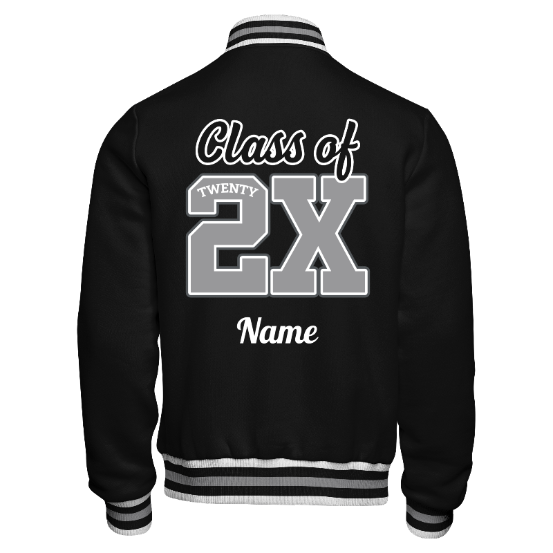 Back of Fleece Varsity Jacket in Black with ribbing in White, Black and Light Grey and decoration on back center including a custom name for personalisation