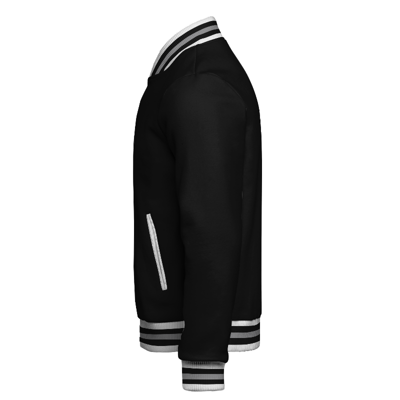 Left of Fleece Varsity Jacket in Black and White with ribbing in White, Black and Light Grey