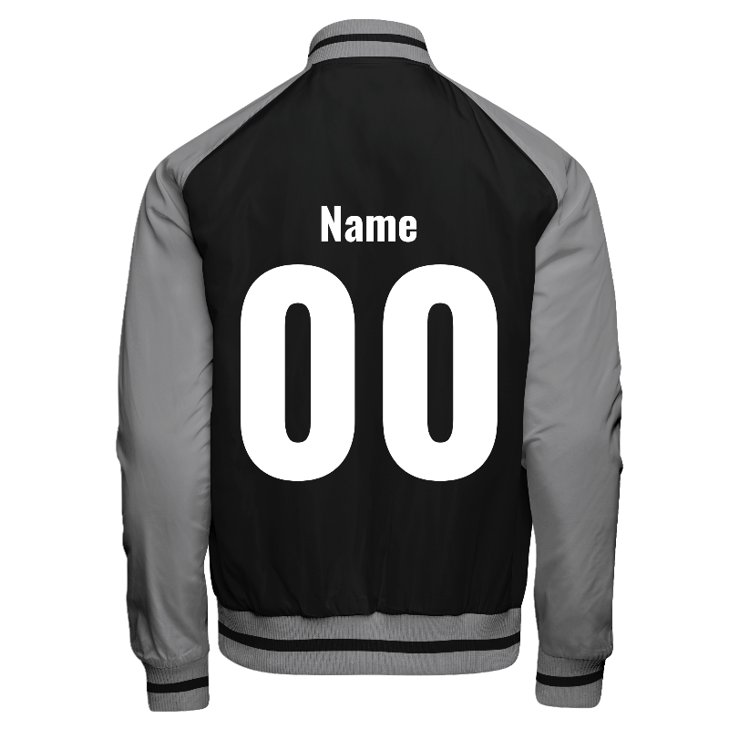 Spray proof back of Reversible Varsity Jacket  in Black with Light Grey sleeves, ribbing in Light Grey and Black and a custom name for personalisation on back center