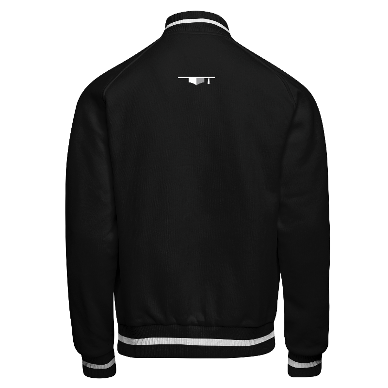 Fleece back of Reversible Varsity Jacket  in Black with ribbing in Black and White and decoration on back center