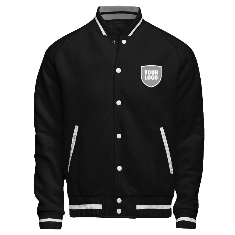 Fleece front of Reversible Varsity Jacket  in Black and White with ribbing in Black and White and decoration on chest left