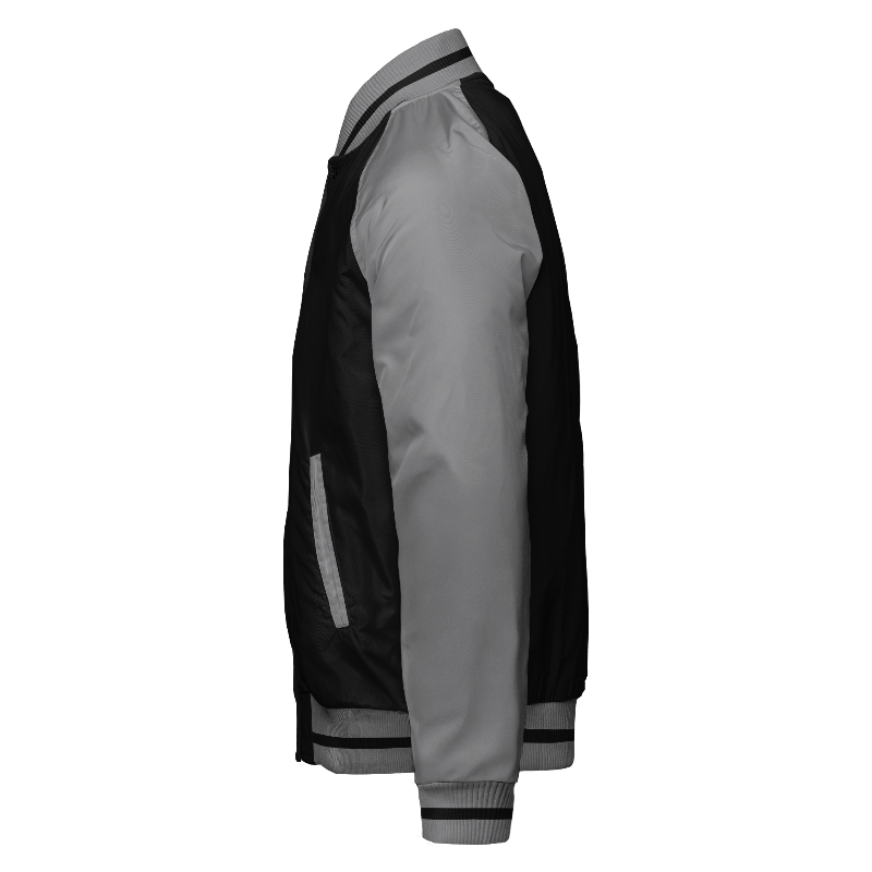 Spray proof left of Reversible Varsity Jacket  in Black and Light Grey with Light Grey sleeves and ribbing in Light Grey and Black