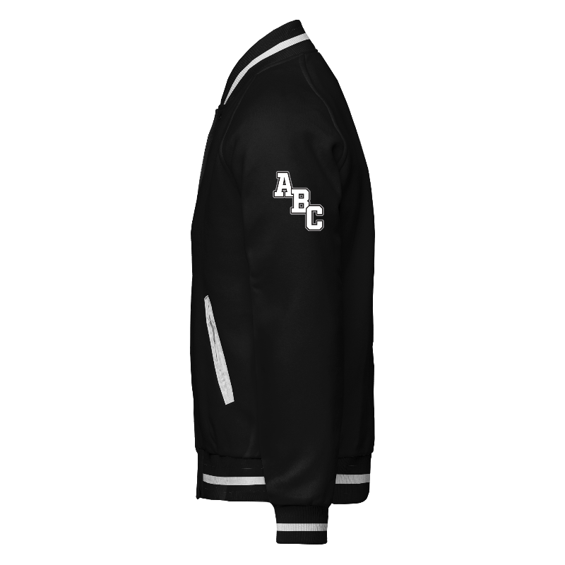 Fleece left of Reversible Varsity Jacket  in Black and White with ribbing in Black and White and decoration on sleeve left