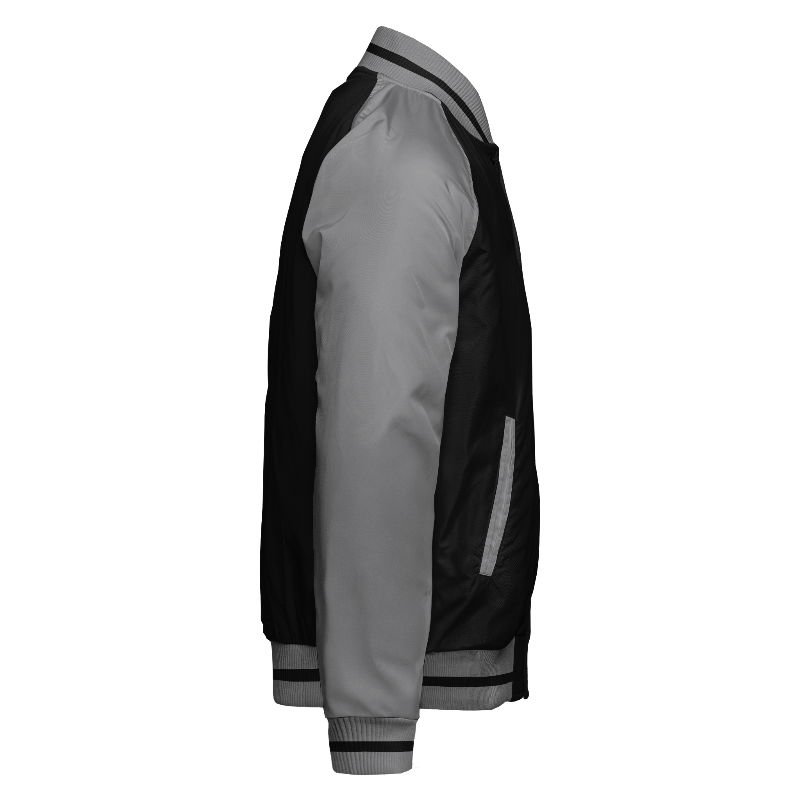 Spray proof right of Reversible Varsity Jacket  in Black and Light Grey with Light Grey sleeves and ribbing in Light Grey and Black