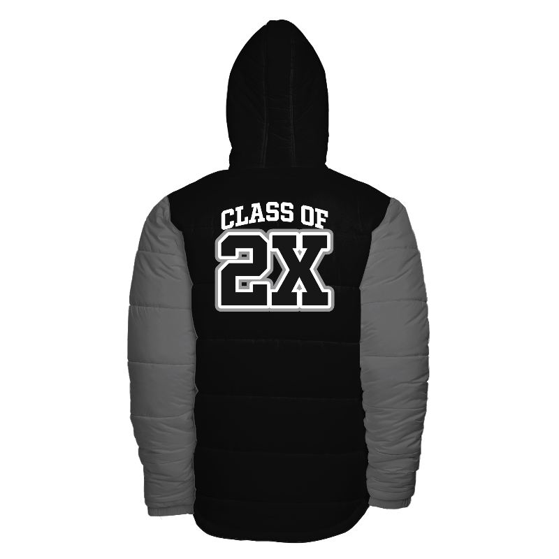 Back of Hooded Puffer Jacket in Black with Light Grey sleeves and decoration on back center
