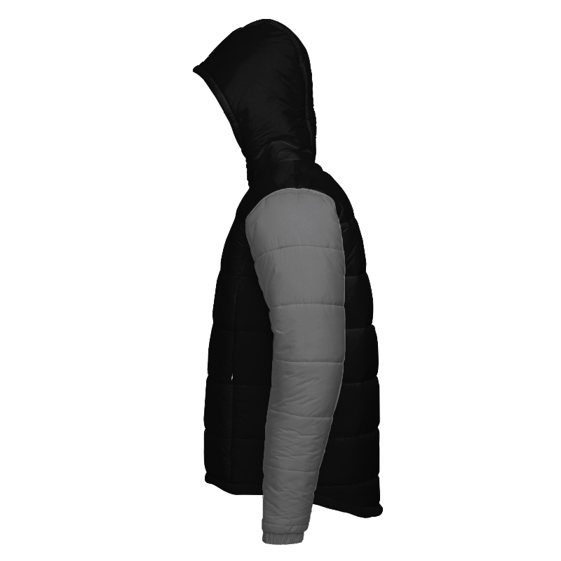 Left of Hooded Puffer Jacket in Black with Light Grey sleeves and White zips