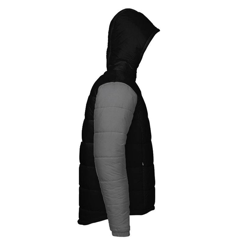 Right of Hooded Puffer Jacket in Black with Light Grey sleeves and White zips