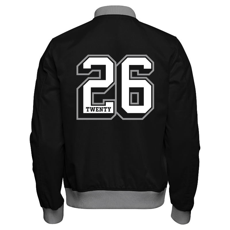 Back of Bomber Jacket in Black and Light Gray with decoration on back center