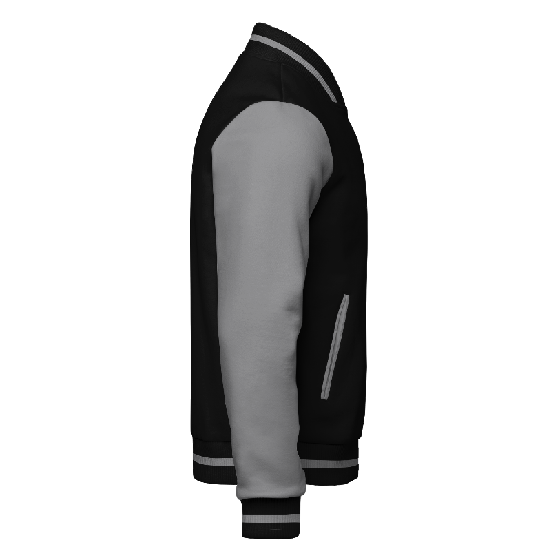 Right of Fleece Varsity Jacket in Black and Light Grey with Light Grey sleeves and ribbing in Black and Light Grey