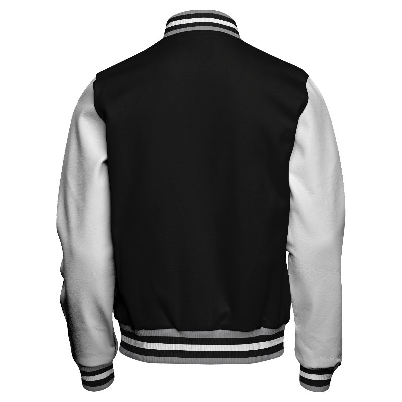 Back of Faux Leather Letterman Jacket in Black with White sleeves and ribbing in Light Gray, Black and White