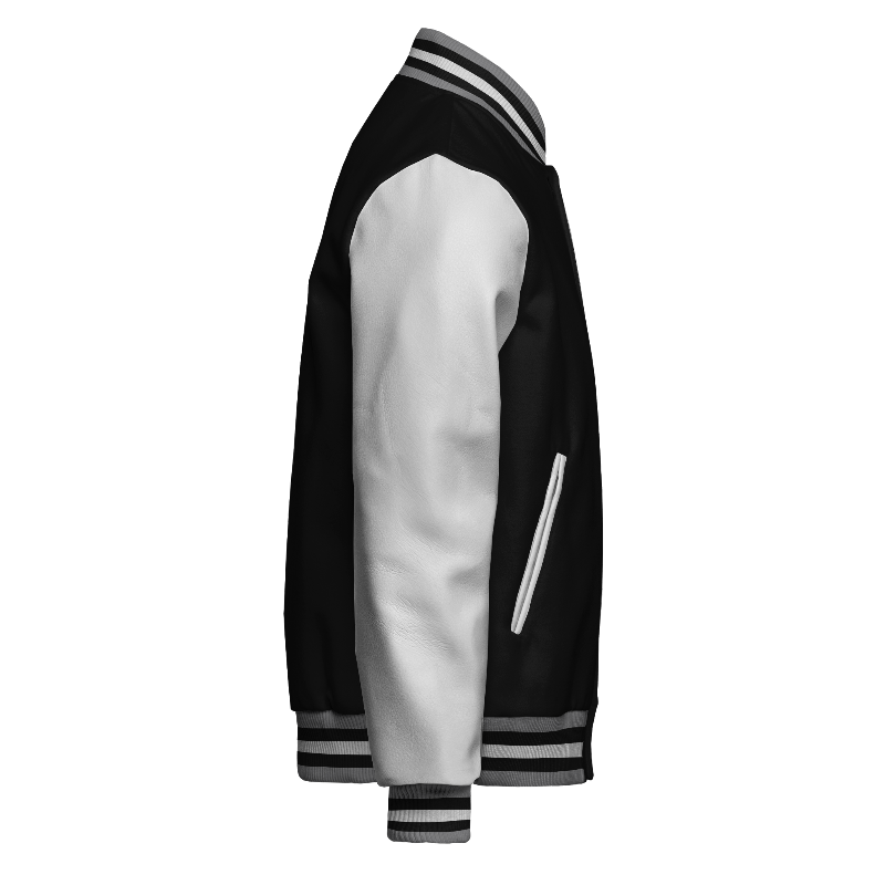 Right of Faux Leather Letterman Jacket in Black and White with White sleeves and ribbing in Light Gray, Black and White