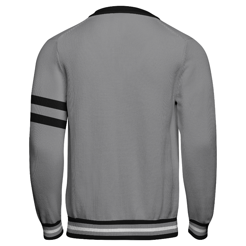 Back of Knitted Varsity Cardigan in Light Grey and Black with Light Grey and Black sleeves and ribbing in Black, Light Grey and White