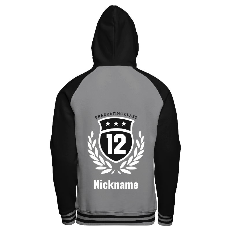 Back of Hoodie in Light Gray with Black sleeves, Black hood, ribbing in Light Gray and Black and decoration on back center including a custom name for personalization