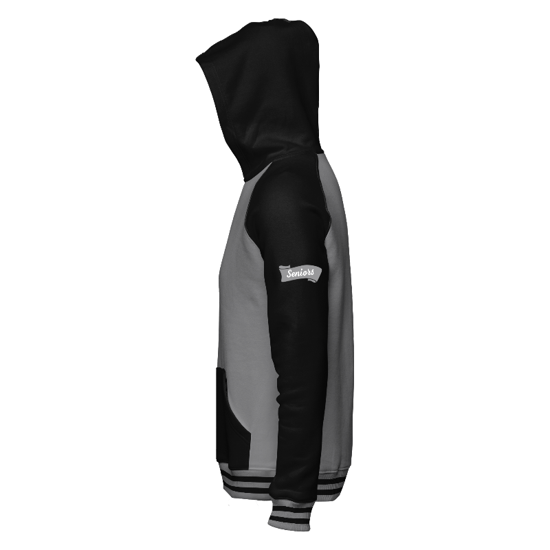Left of Hoodie in Light Gray and Black with Black sleeves, Black hood, ribbing in Light Gray and Black and decoration on sleeve left