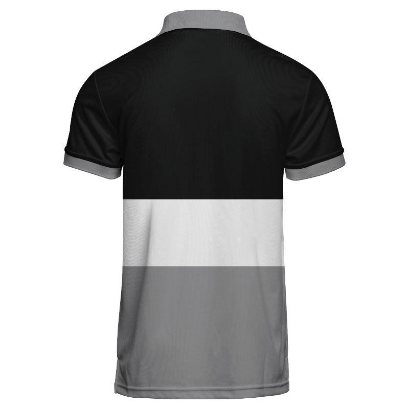 Back of Polo Shirt in Black and Light Grey with White and Light Grey stripes
