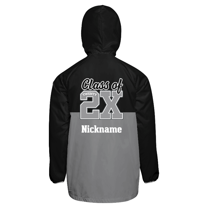 Back of Windbreaker Jacket in Black and White with Light Gray and Black stripes and decoration on back center including a custom name for personalization