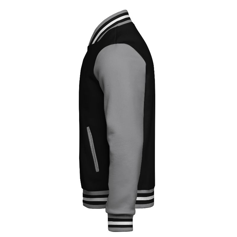 Left of Fleece Varsity Jacket in Black and Light Grey with Light Grey sleeves and ribbing in Light Grey, Black and White