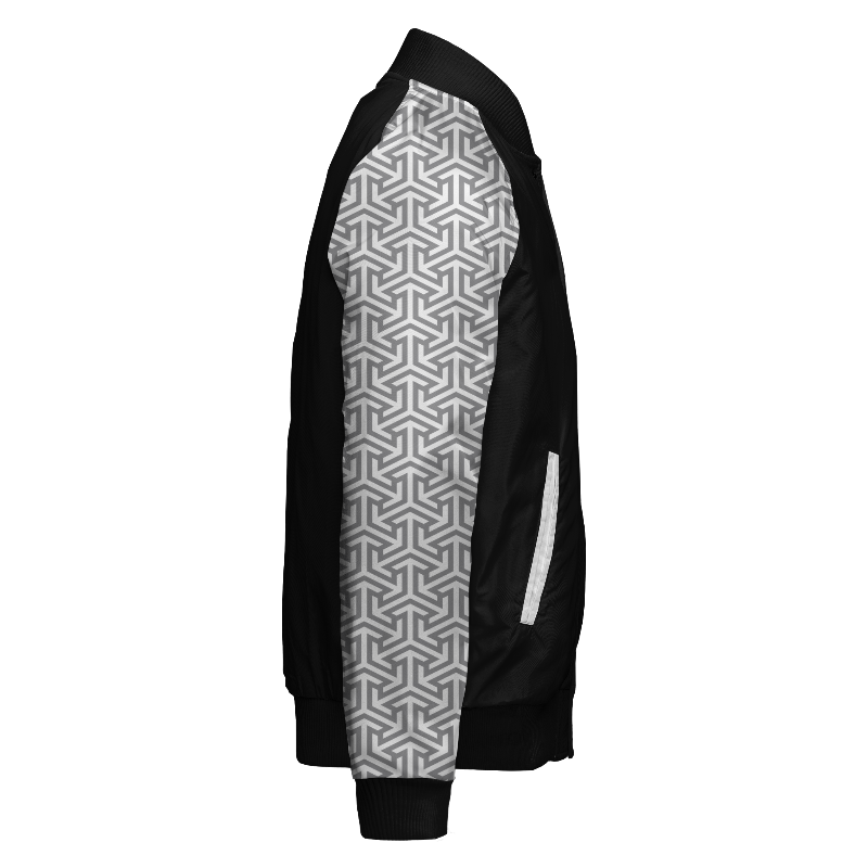Spray proof right of Reversible Varsity Jacket  in Black and White with Arabic sleeves in Light Grey and White and ribbing in Black and White