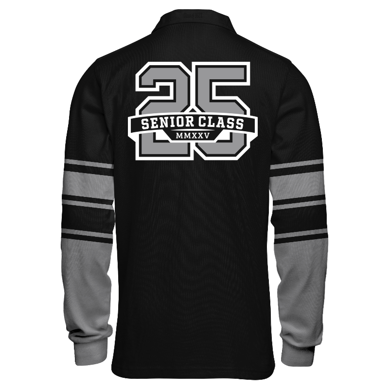 Back of Rugby Jersey  in Black with Light Grey and Black stripes, ribbing in Light Grey and White and decorations on back center and collar