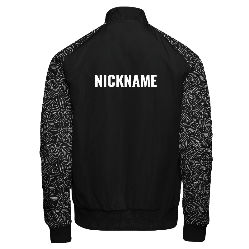 Spray proof back of Reversible Varsity Jacket  in Black with Topographic sleeves in Black and White, ribbing in Black and Light Grey and a custom name for personalisation on back center