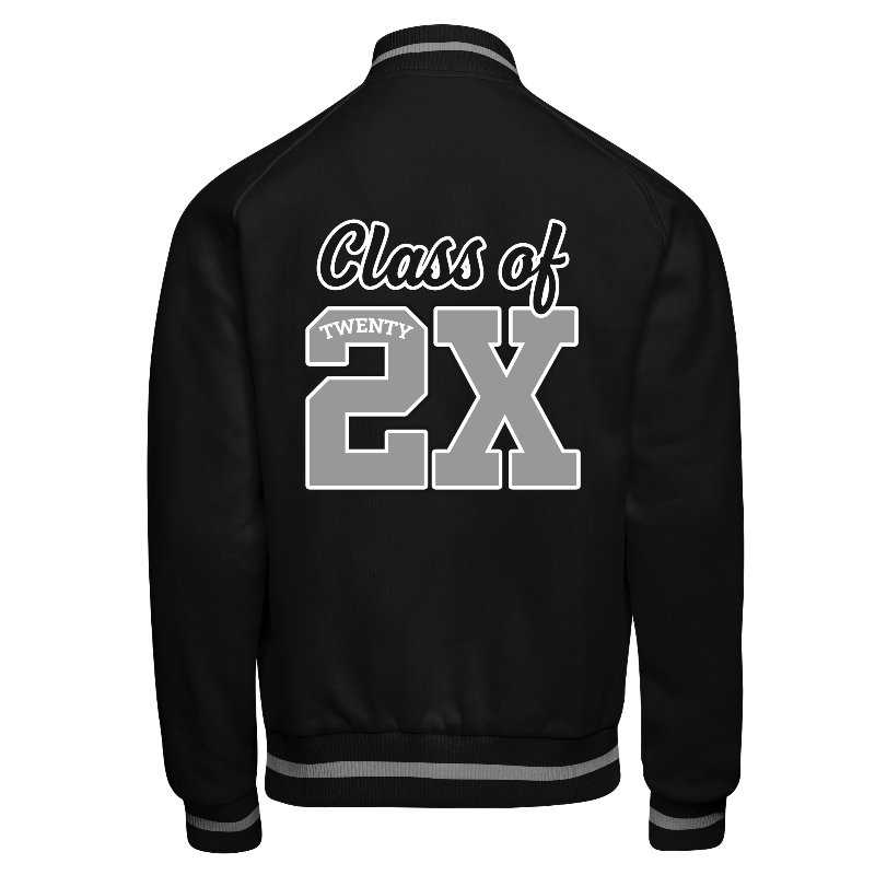 Fleece back of Reversible Varsity Jacket  in Black with ribbing in Black and Light Grey and decoration on back center