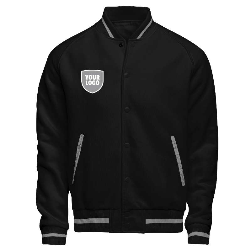Fleece front of Reversible Varsity Jacket  in Black and Light Grey with ribbing in Black and Light Grey and decoration on chest right
