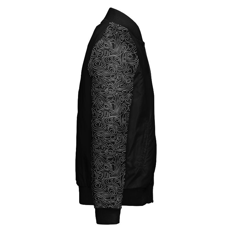 Spray proof right of Reversible Varsity Jacket  in Black with Topographic sleeves in Black and White and ribbing in Black and Light Grey