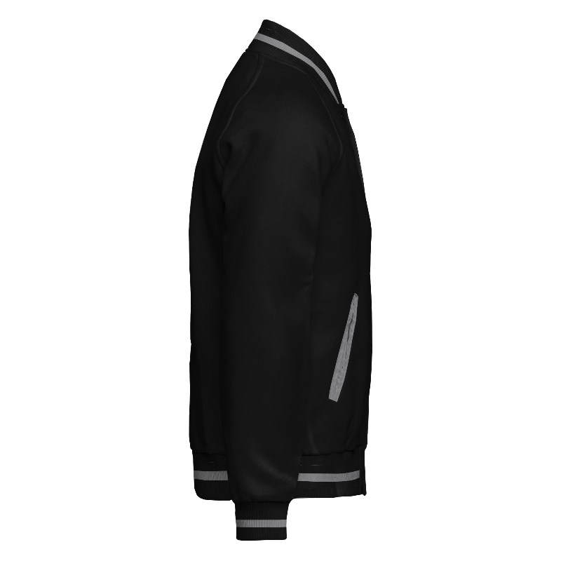 Fleece right of Reversible Varsity Jacket  in Black and Light Grey with ribbing in Black and Light Grey